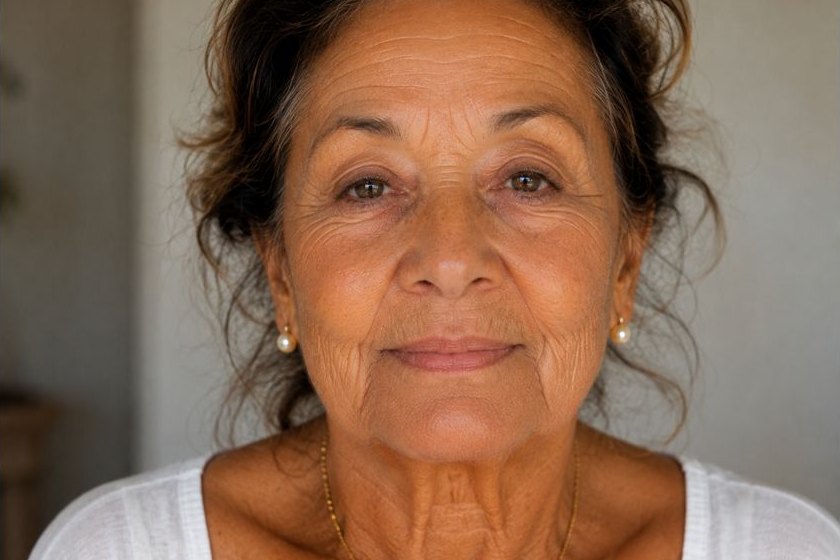 Visage mature souriant, ovale redessiné