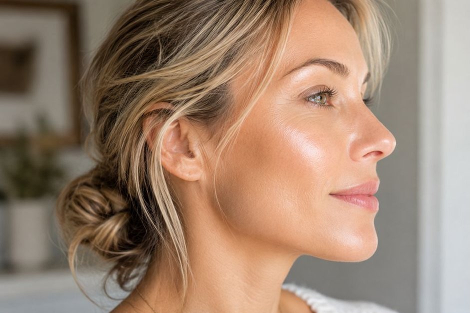 Visage de profil, peau repulpée et lumineuse